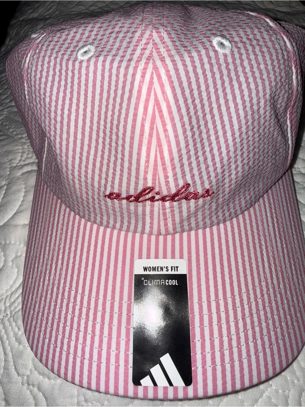 adidas Pink and White Striped Cap with Gray Sweatband